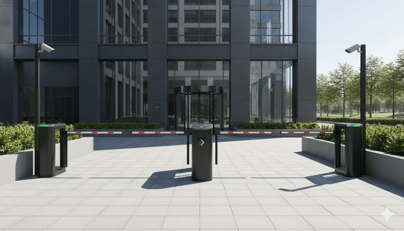 Commercial building entrance with security barrier